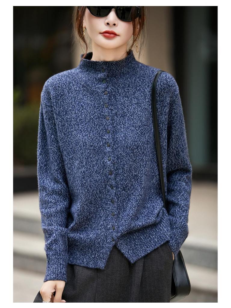 Women's Flecked Knit Stand-up Collar Cardigan - Autumn/Winter Long Sleeve Sweater Coat