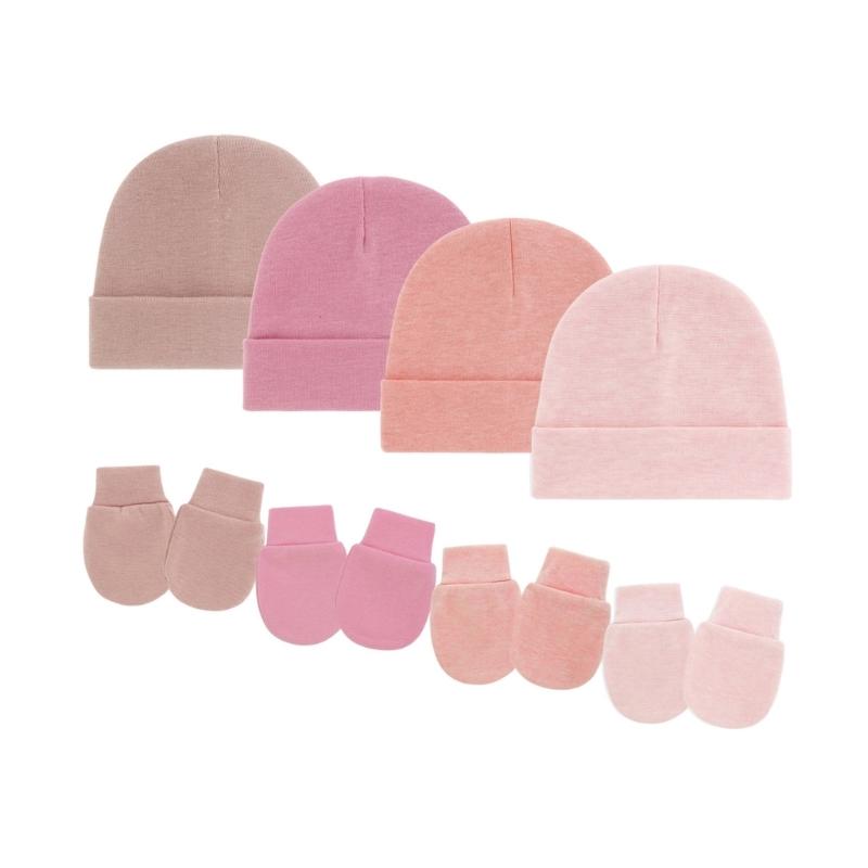 4 Set Baby Bonnet Cap Feature Foldable Edge with Mittens Cotton Fabric Gentle On Sensitive Skin Multiple Color Available
