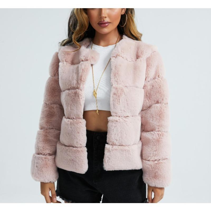 Women's Gray Faux Fur Coat Patchwork Short Warm Winter Outerwear