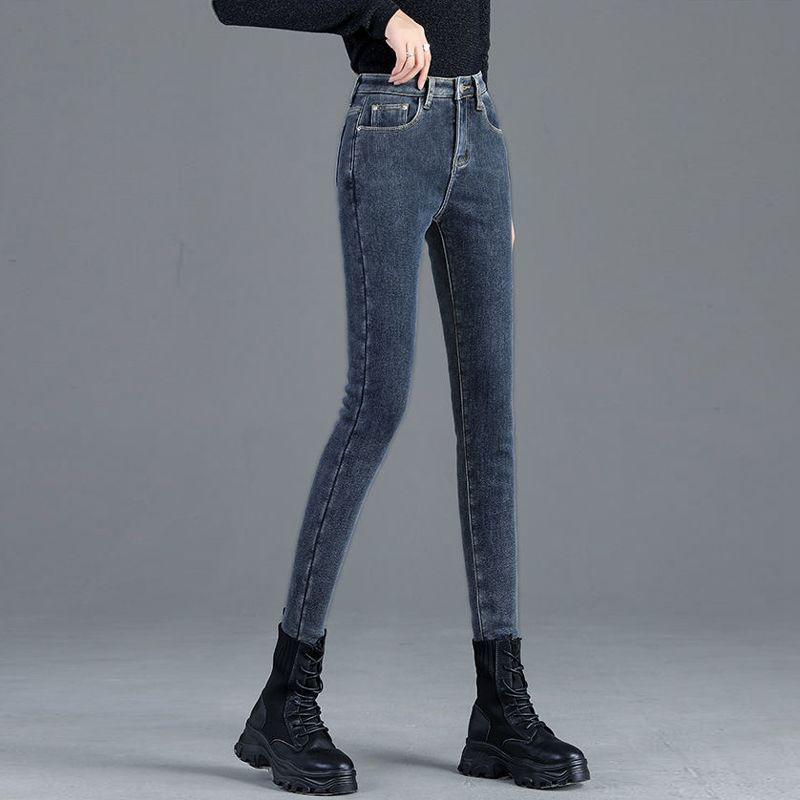 

High-Waisted Fleece-Lined Denim Pencil Pants for Women - Slim Fit, Cropped Style for Autumn & Winter 32