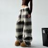 Women's Winter Fleece-lined Woolen Plaid Pants High Waist Loose Straight-leg Casual Thickened Slouchy Floor-length Trousers