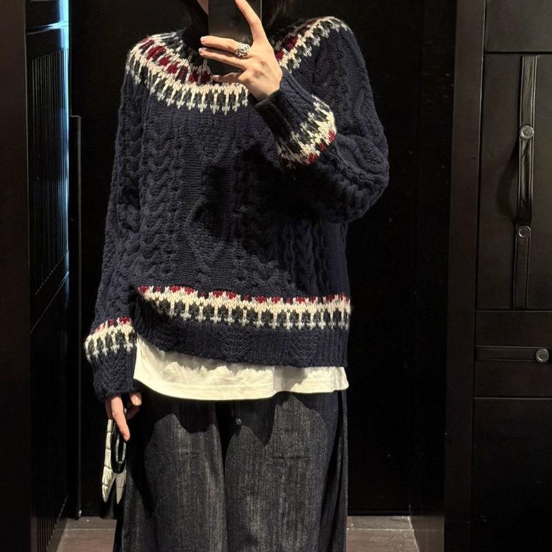 New Wool Thickened Fair Island Jacquard Knitted Sweater Round Neck Versatile Wool Sweater Pullover Long Sleeve