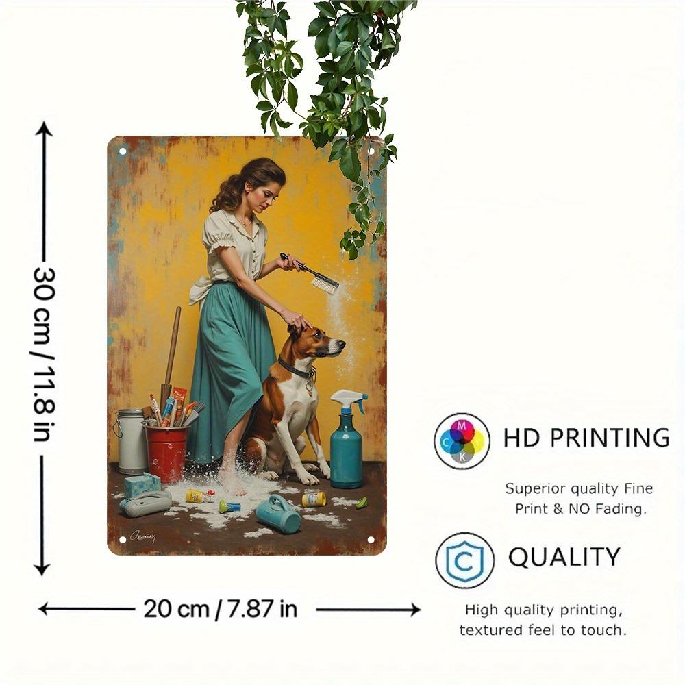 RetroBeautyDogMetalArt Retro Metal Wall Art 7.87x11.8" - "Beauty and Dog" Aluminum Panel, Woman Brushing Dog Decor for Home/Cafe