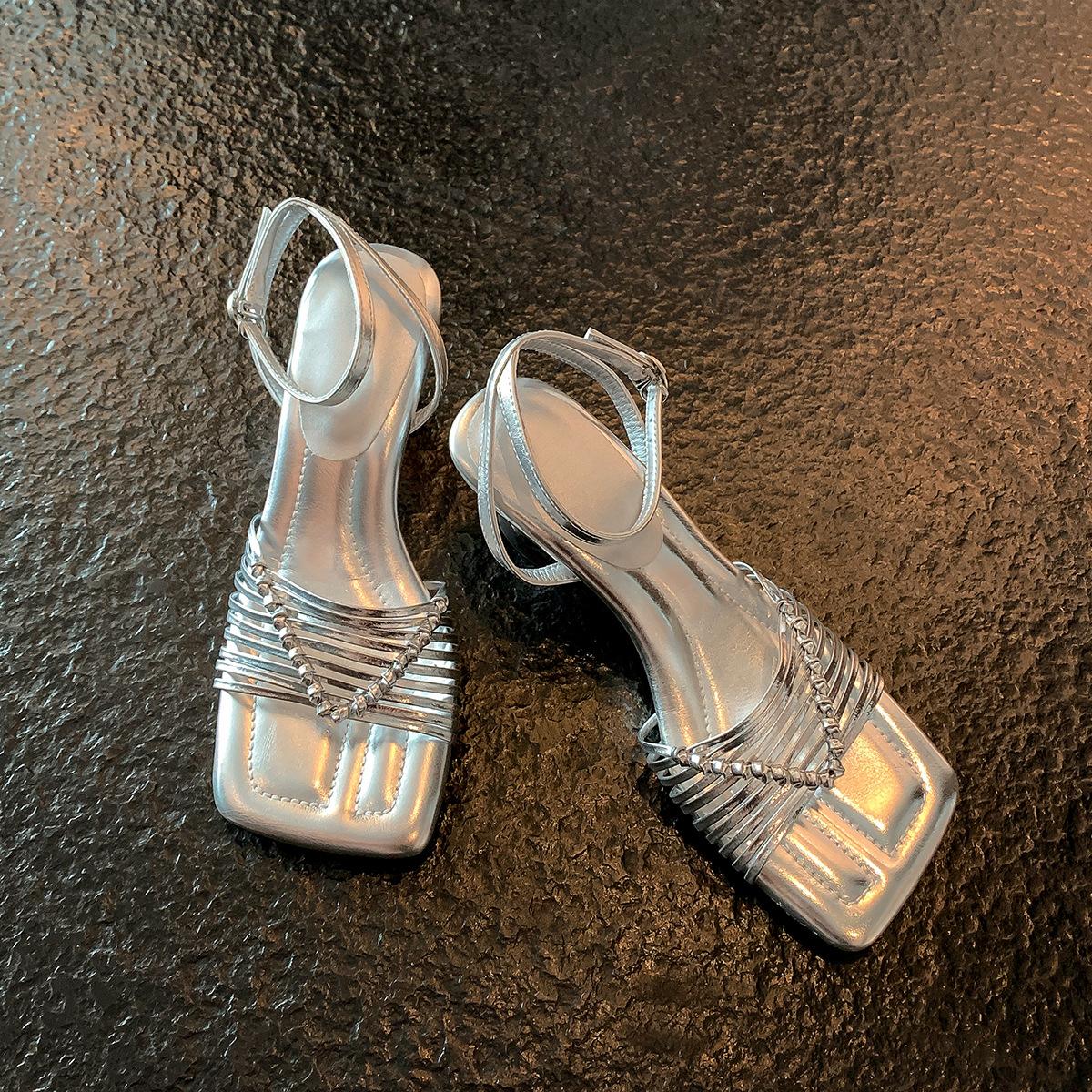 

Sheepskin version~ Square head high-heeled sandals women s hollow thin belt versatile woven summer word belt leather fashion sandals 39