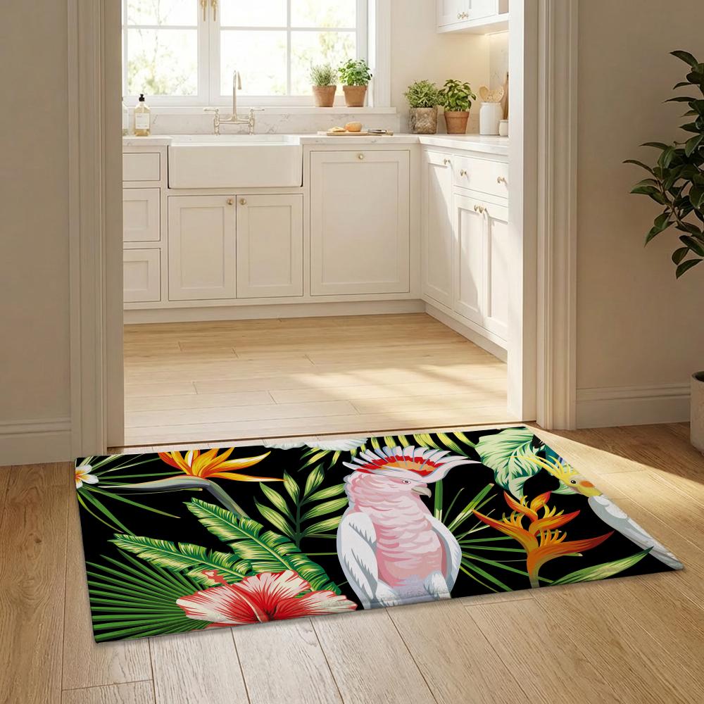 Tropical Parrots Flowers Palm Leaves Floor Mat Flannel Door Mat Non-Slip Bedroom Living Room Home Decor