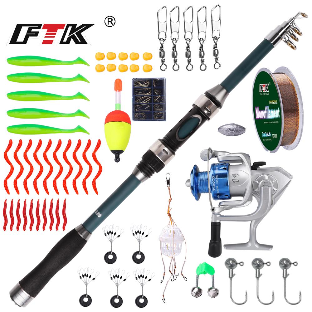 FTK 55pcs1.8m Fishing Rod and Reel Float Lure Set Carbon Fiber Telescopic Fishing Rod  Spinning Reel for Saltwater Freshwater