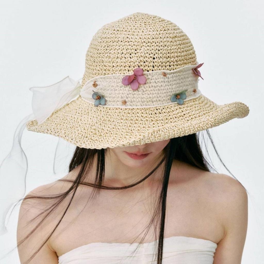 New French Floral Bow Straw Hat Women's Summer Seaside Beach Vacation Big Eaves Sunshade Sun Hat