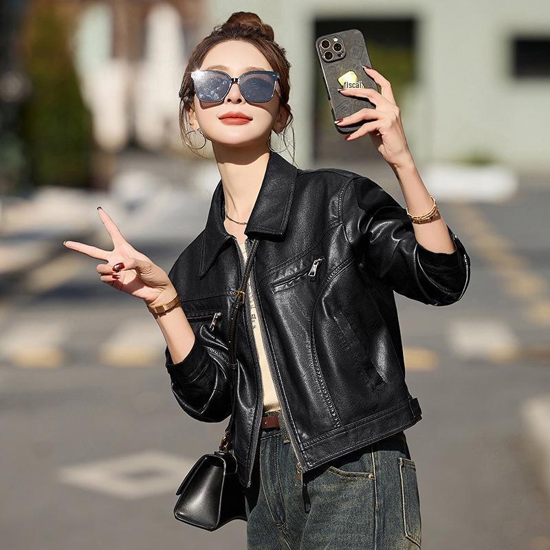 Women's Slim Fit Sheepskin Leather Jacket - Spring/Autumn 2025 Korean Style Petite Short Coat