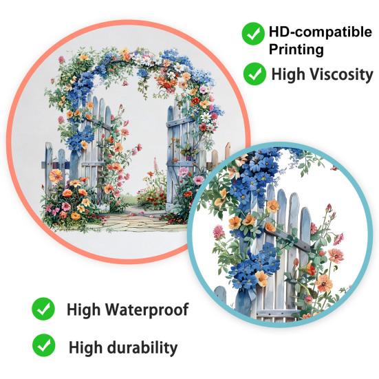 Removable Garden Gate Wall Decal Spring Flowers Peel And Stick Wall Art Waterproof Self Adhesive Mural Decal for Bedroom Office Bathroom