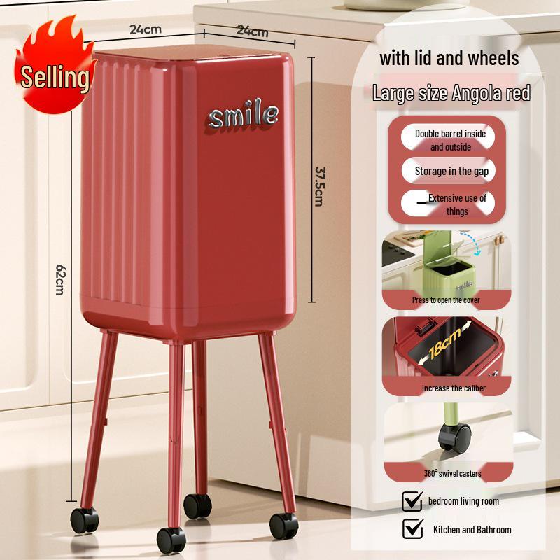 High-End Wheeled Trash Can with Lid: No-Bend, Press To Open, Light Luxury Design for Kitchen & Living Room