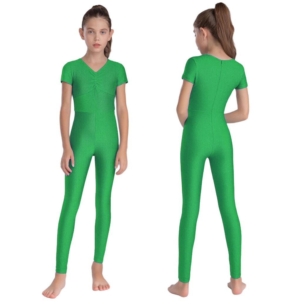 Kids Ballet Bodysuit V Neck Short Sleeve Ruched Front Leotard with Back Invisible Zipper for Gymnastics Figure Skating Performance