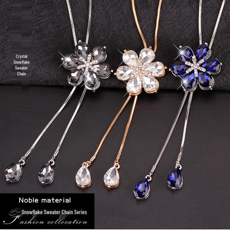 Korean Crystal Flower Sweater Chain Necklace - Long, Versatile for Autumn/Winter