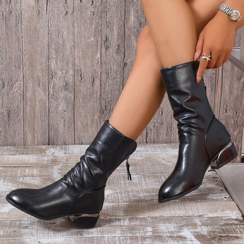

Мода 2024 Весна и Осень Новые Модные Круглые Головы Однотонные Кожаные Лица Носить Высокие Каблуки Модные Сапоги Одинарные Сапоги для Женщин 41 чёрный