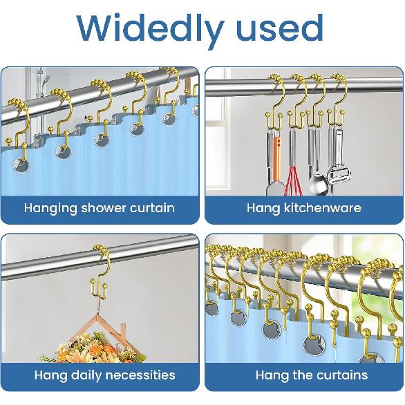 Shower Curtain Hooks Rings, Double Sided Shower Curtain Hooks Rust Proof for Bathroom Shower Rods Curta, Set of 12 Shower Hooks - Gold