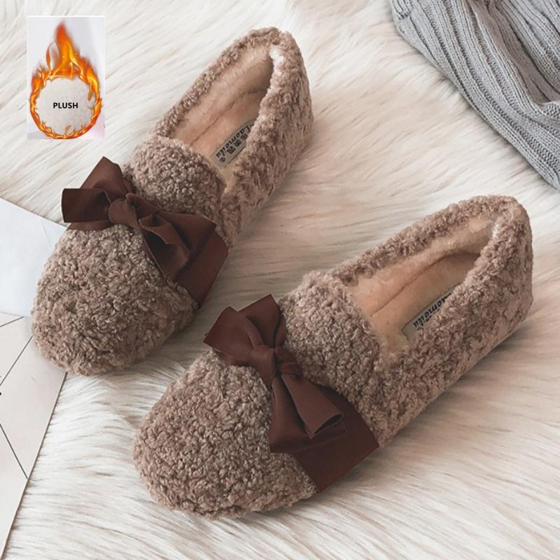 Fashion Korean Style Shallow Mouth Female Shoes 2025 Winter Fur Comfortable Loafers Casual Soft Warm Flat Shoes Bow Slip On Women Shoes