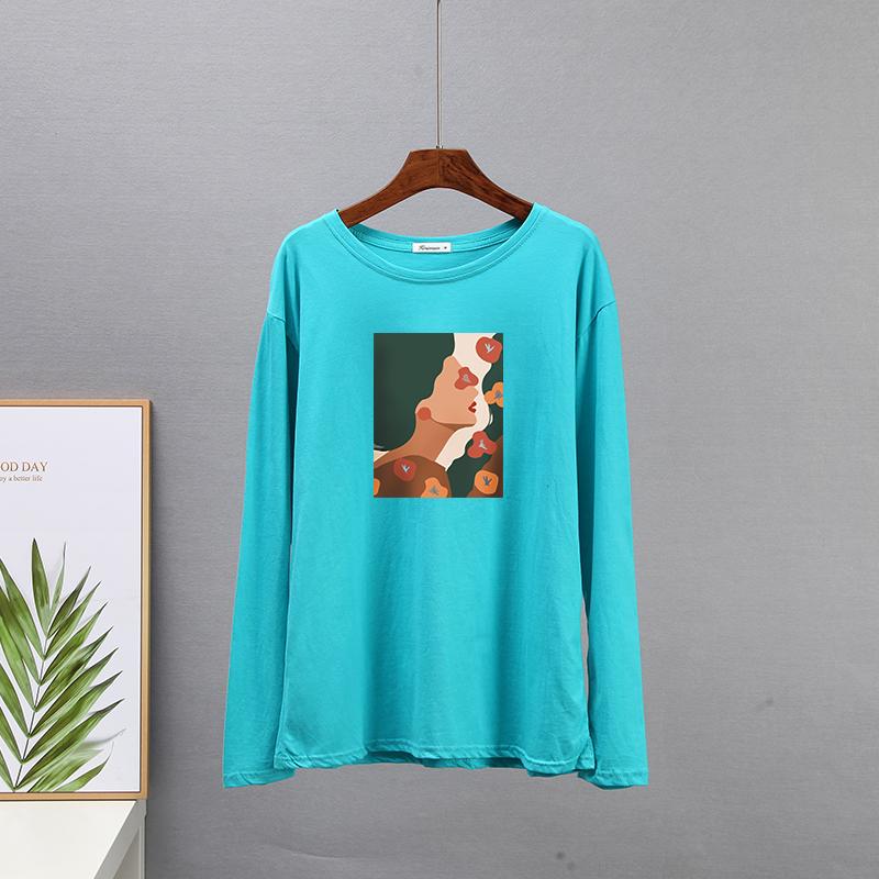 

Hirsionsan, весенние хлопковые футболки с длинными рукавами, абстрактные эстетические фигуры, футболка с принтом, женские футболки с круглым вырезом для отдыха, простые свободные топы XXL циан