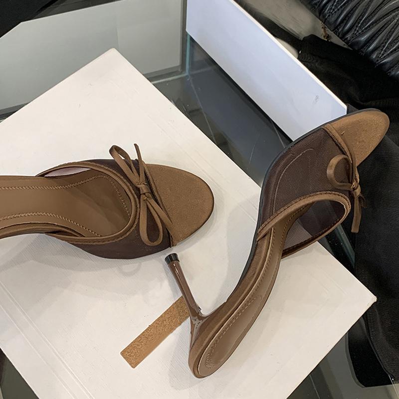 Brand Designer High Heels Slippers for Women Fashion Lace Bow Mesh Summer Sandal Female Party Dress Shoes Zapatos De Mujer