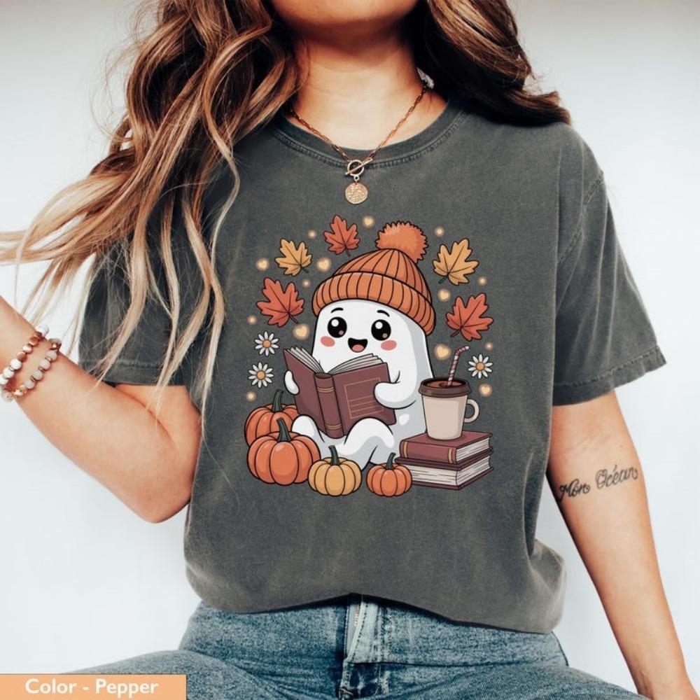New Hot Cute Ghost Reading Enthusiast Halloween Ghost Coffee Women's T-shirt Kawayi Pattern T-shirt