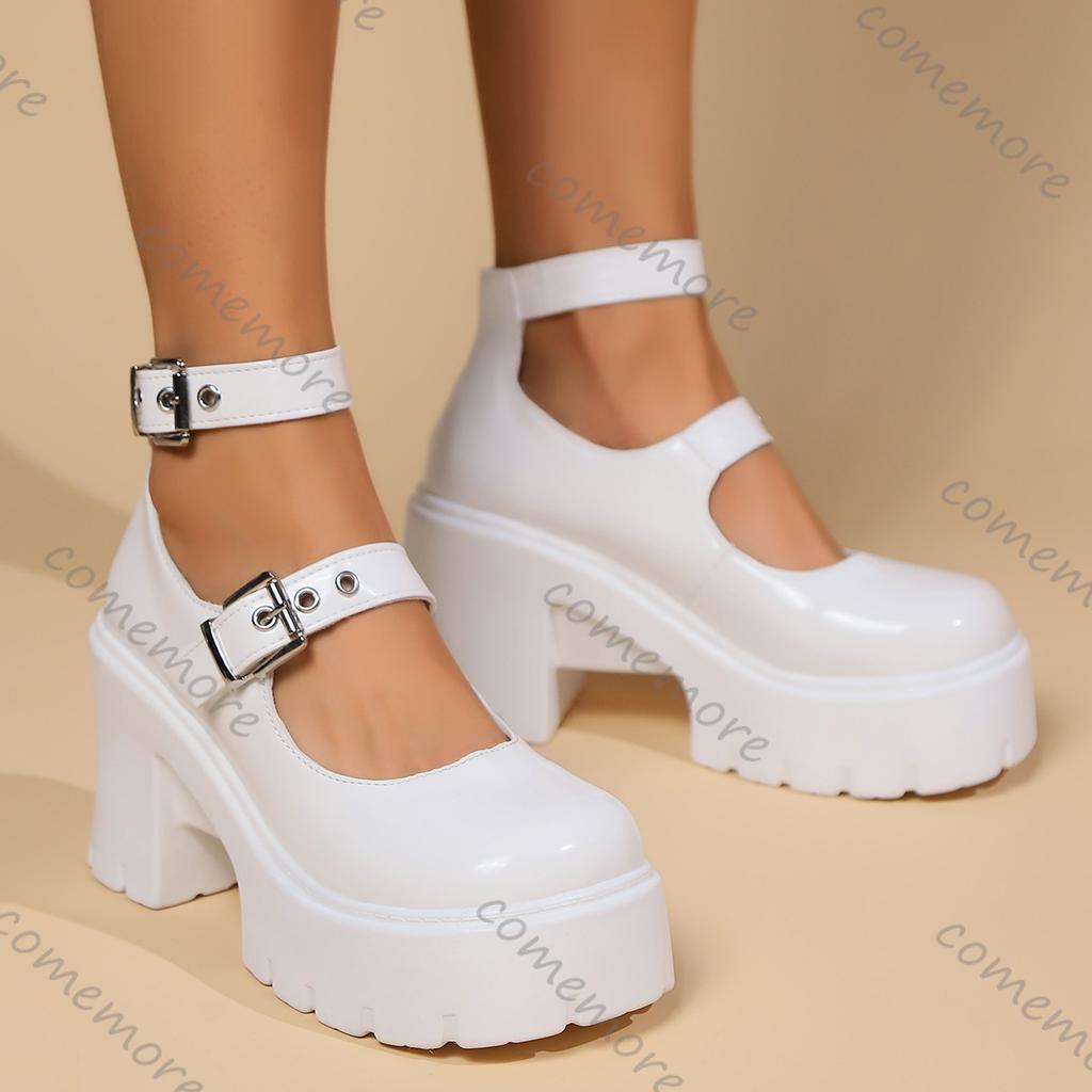 Comemore Gothic Chunky Platform Pumps for Women Super High Heels Ankle Strap Mary Jane Shoes Woman Patent Leather Women Heels