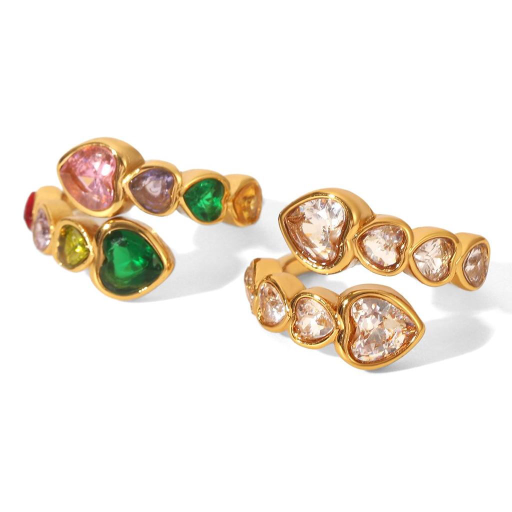 Exclusive Heart-Shaped Zircon Titanium Steel Open Ring for Women - European & American High-End, Non-Fading