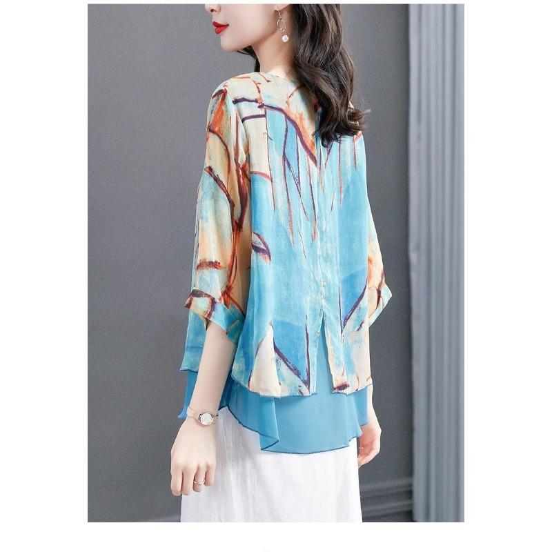 Plus Size Women Printed Chiffon Three Quarter Sleeve Fashionable Blouse