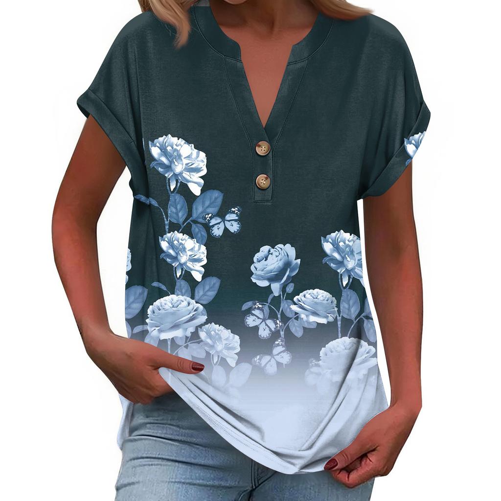 Modieuze Casual Losvallende Dames T-shirt Top met Korte Mouwen, Knopen en V-hals, Bedrukt