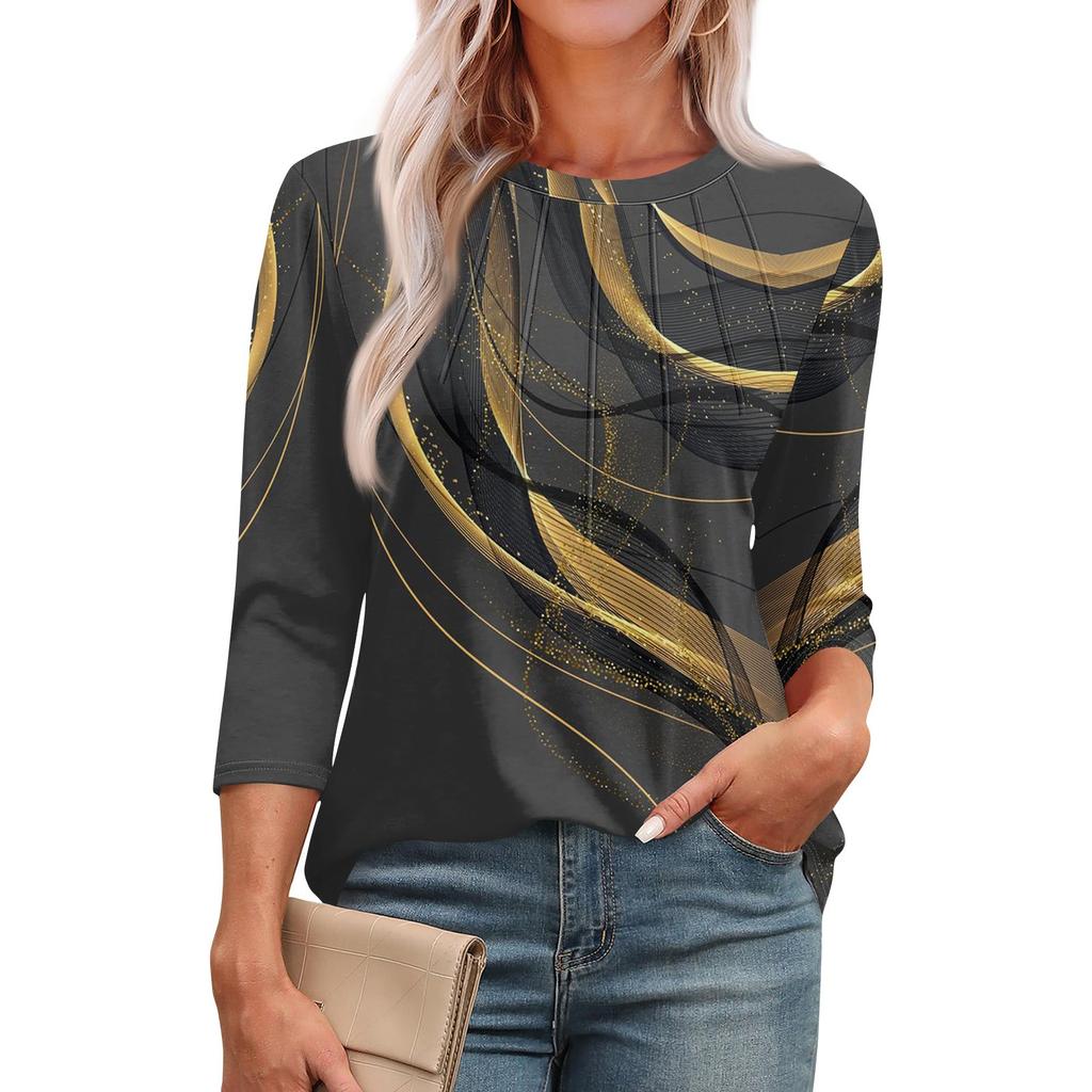 Omen's Fashionable Round Neck 3/4 Sleeve Printed Casual Basic Pleated Pullover T-shirt Top