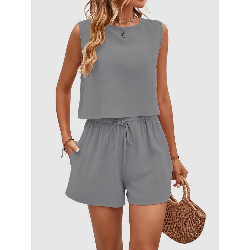 Women's Fashionable Sleeveless Top Solid Color High Waist Shorts Casual Two-piece Set for Women