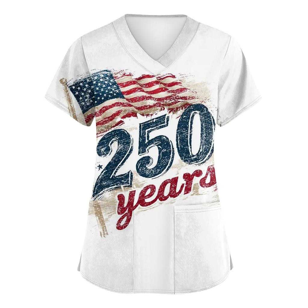 Damen V-Ausschnitt Unabhängigkeitstag Aufdruck Kurzarm Tasche Seitenöffnung Schutzkleidung Arbeitshemd