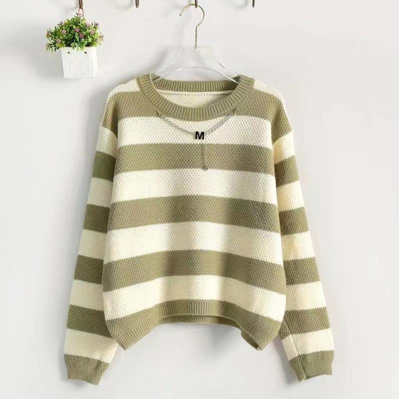 

Autumn and winter new temperament low crew neck top loose chic beautiful sweater striped knitted pullover women