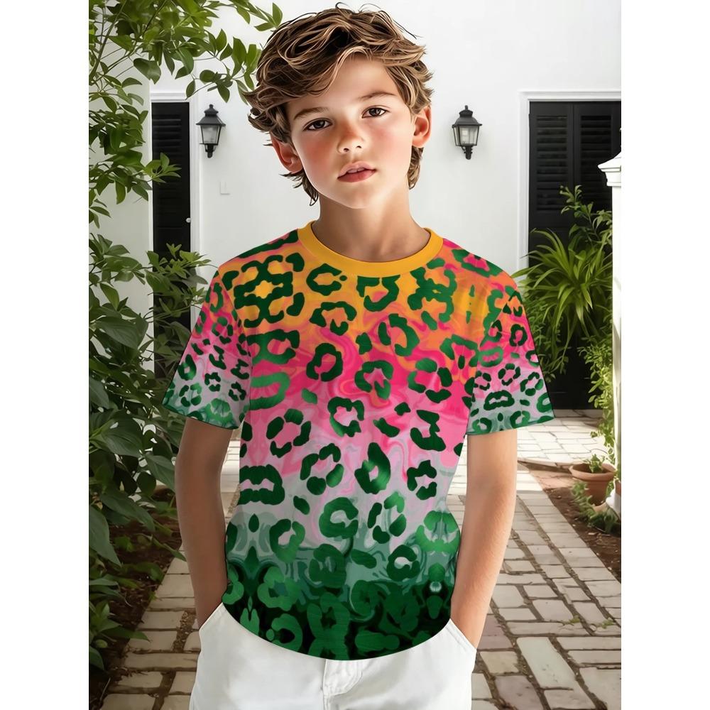 Boys outdoor casual sports round neck short-sleeved T-shirt, gradient leopard print T-shirt 100