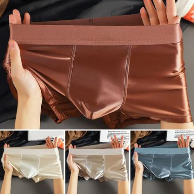 Yousheng Men Boxer Underwear Elastic Mid-Waist Breathable Slim Fit Shorts Briefs Pure Color U-Convex Design Smooth Fabric Ice Silk Panties