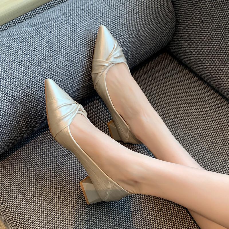 Women's French Style Chunky Heel Pointed Toe Leather Shoes, Autumn 2025 Edition