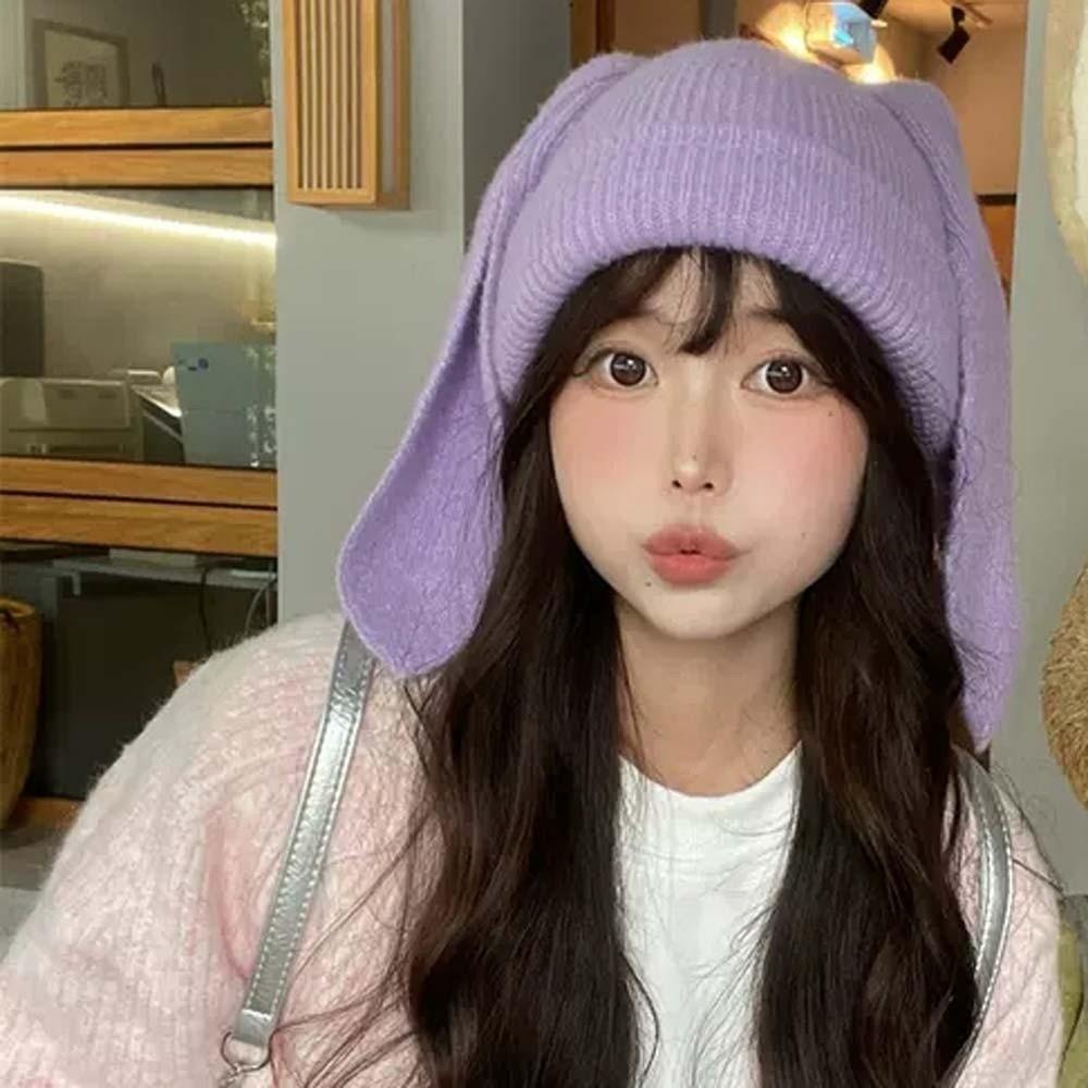 Elastic Bunny Pullover Cap Korean Style Solid Color Knitted Hat Woolen Hat Rabbit Ears Cap  Kids