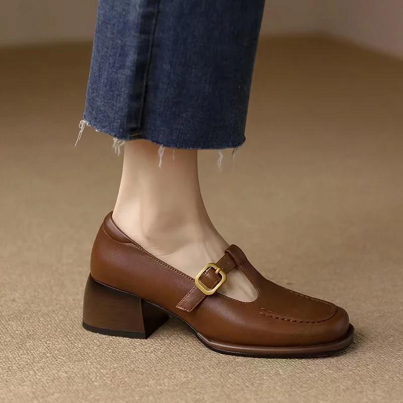 Women's T Strap Leather Shoes Square Toe Oxford Brown Mid Heels Designer Black Pumps Chunky Sewing Dress Shoes