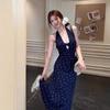 French Blue Floral Neck Sling Dress, Children's Summer New Thin Temperament Hip-wrapped Dress