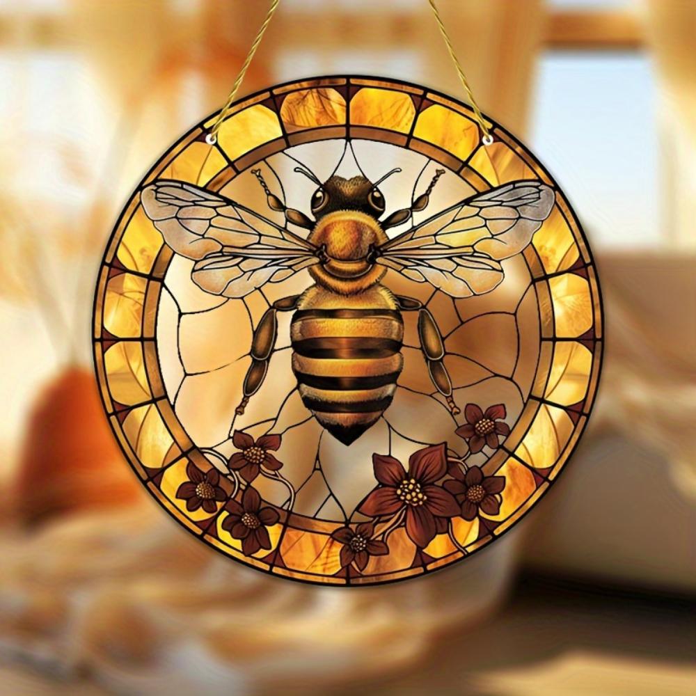 Bee and Flower Stained Glass Catcher, 8x8 inches,Christmas Holiday Themed Window Hanging Decoration, Garden Porch Bedroom Office Art, Decorative Gifts