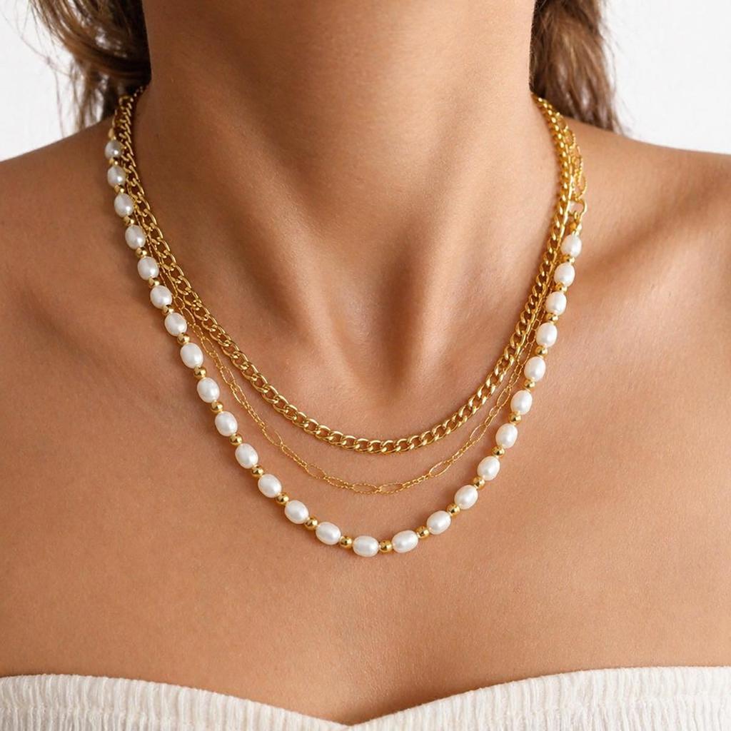 18K Gold European Pearl Necklace: Multi-Layer Titanium Steel Sweater Chain with Natural Pearls