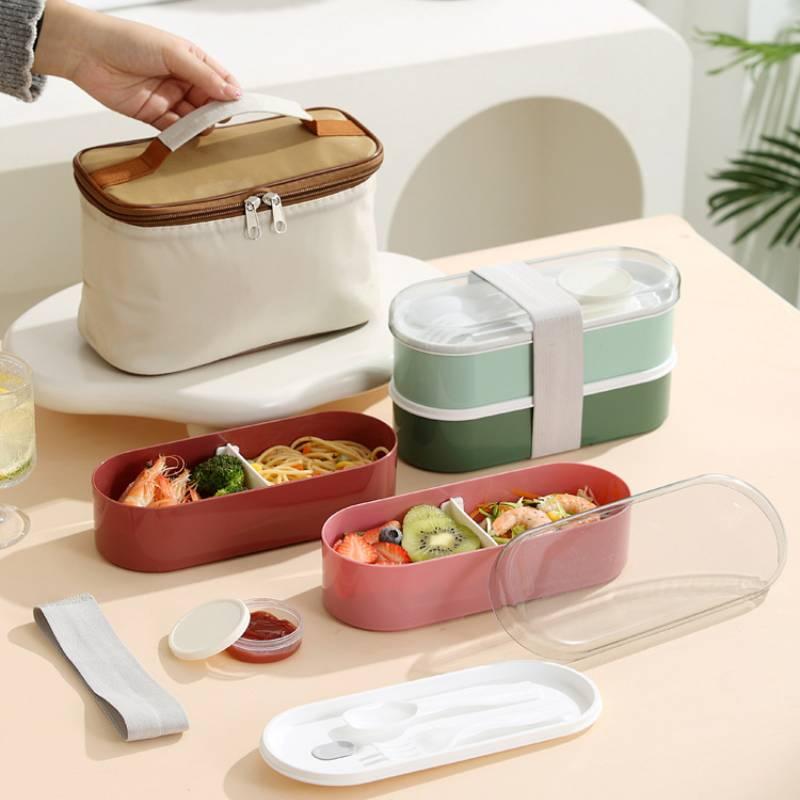 Doppellagige tragbare Lunchbox mit Gabel und Löffel Mikrowellen-Bento-Boxen Geschirrset Lebensmittelaufbewahrungsbehälter