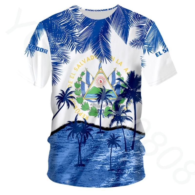 

Harajuku El Salvador Spanish Republic Flag Polyester Material Men s T-Shirt Crew Neck Oversized Photo Clothes Blue Country Flag S