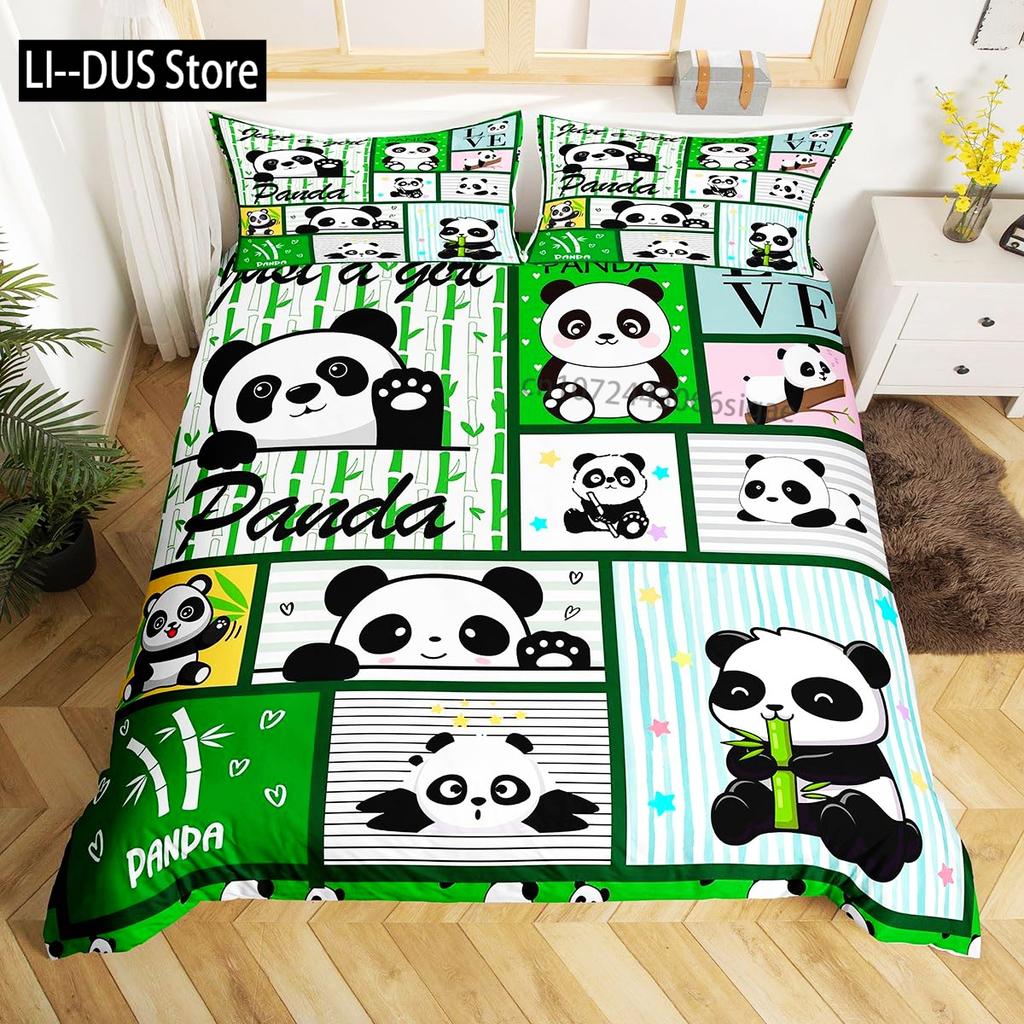 Kids Black Printed Cartoon Panda Beddings Cute Animal Pattern Teens Bedlinings 1 Duvet Cover Sets and 2 Pillowcases Full Size