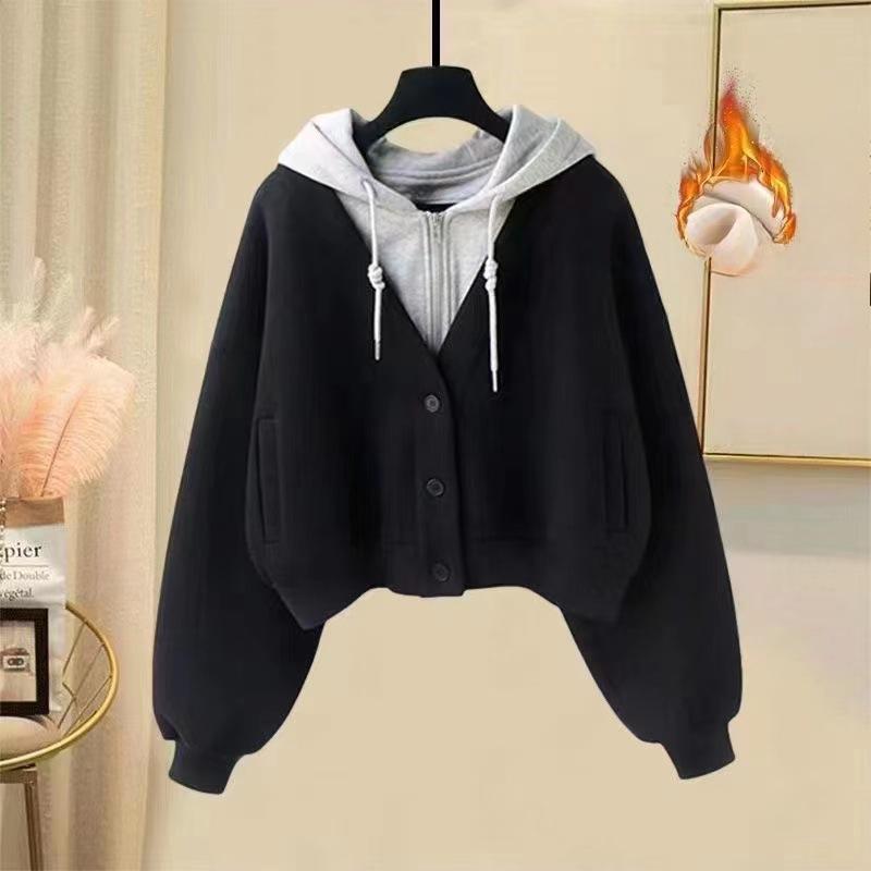 Velvet Thickened Sweatshirt for Women In Autumn and Winter Design Cardigan Hooded Zipper Jacket Fashionable Loose Slimming Two Pieces