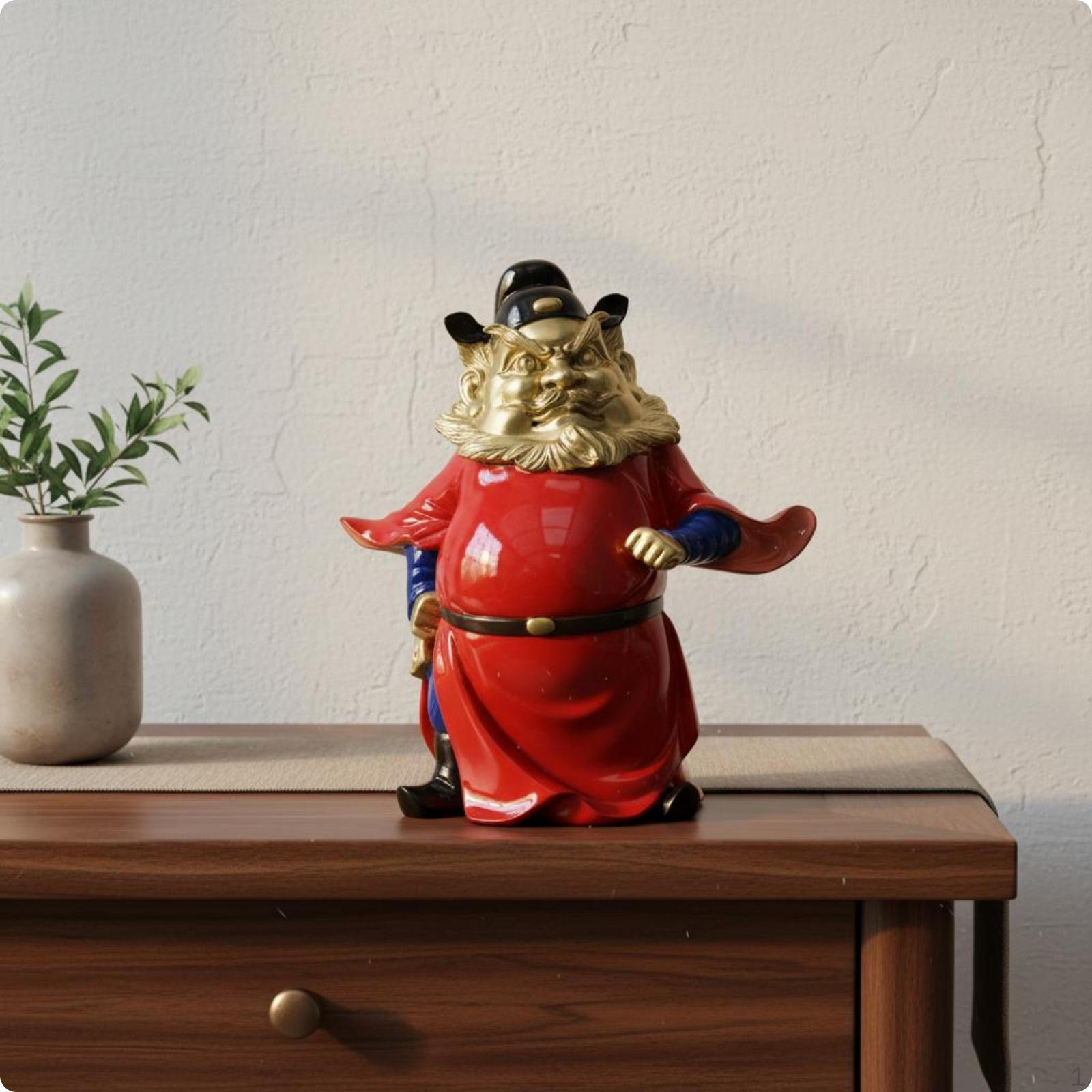 Mythological Judge Sculpture Figurine Copper Tabletop Deity Statue Face Red Robe for Home
