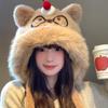 Cute cartoon bear plush hat scarf integrated women's autumn and winter thickened cold-proof ear protection scarf hooded