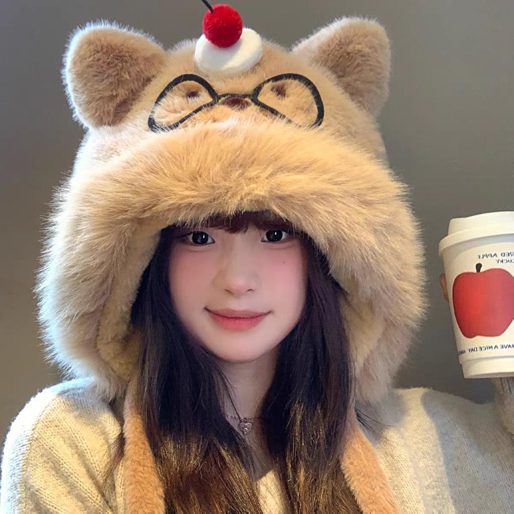 Cute cartoon bear plush hat scarf integrated women's autumn and winter thickened cold-proof ear protection scarf hooded