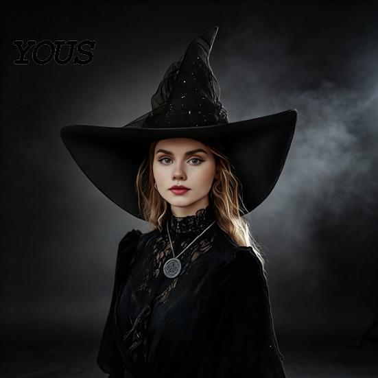 Adjustable Mesh Hat for Adults Halloween Witch Hat, Large Ruched Sequins Wizard Dark Cosplay Costume, Masquerade Party Breathable Costume