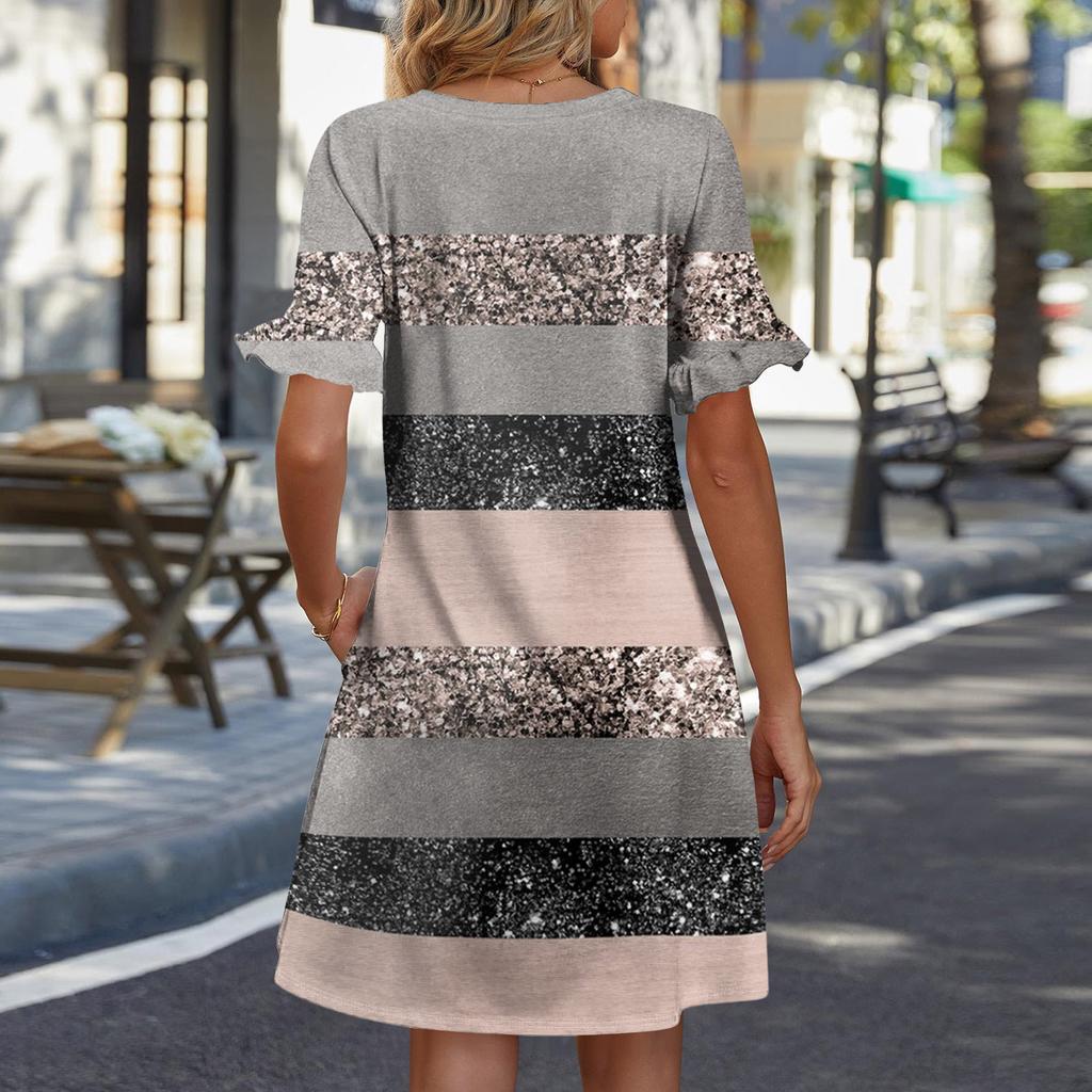 Women A Line Sun Dress Short Sleeve V Neck Printed Dress With Pockets