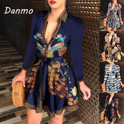 Danmo Damen Bedrucktes Langarmkleid Lässig Verband Mini A-Linien-Kleider Sexy Party Feminias Vestidos Damenkleidung