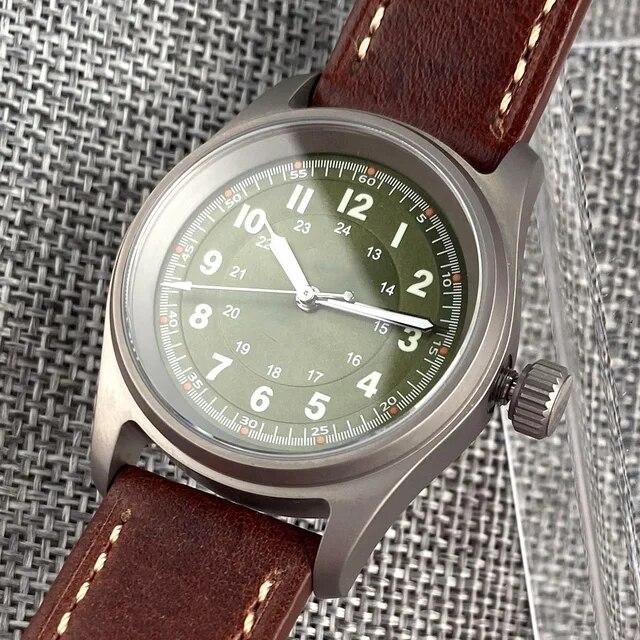 36mm Titanium Case Sapphire Grass 20ATM Diver NH35A PT5000 Auto Pilot Mens Military Watch Leather 63.7g Vintage Sunburst Dial