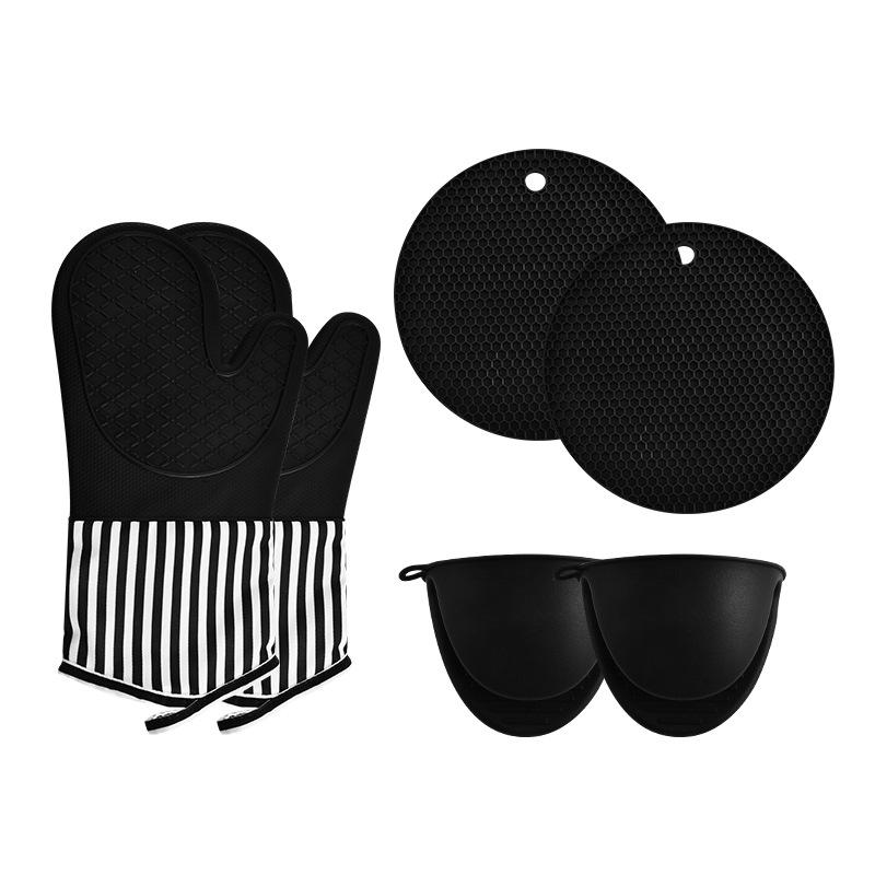 Thickened Silicone Heat Insulation Gloves Set with Hand Clip And Oven Mitts for Microwave And Baking Gray Plaid 34CM Modern